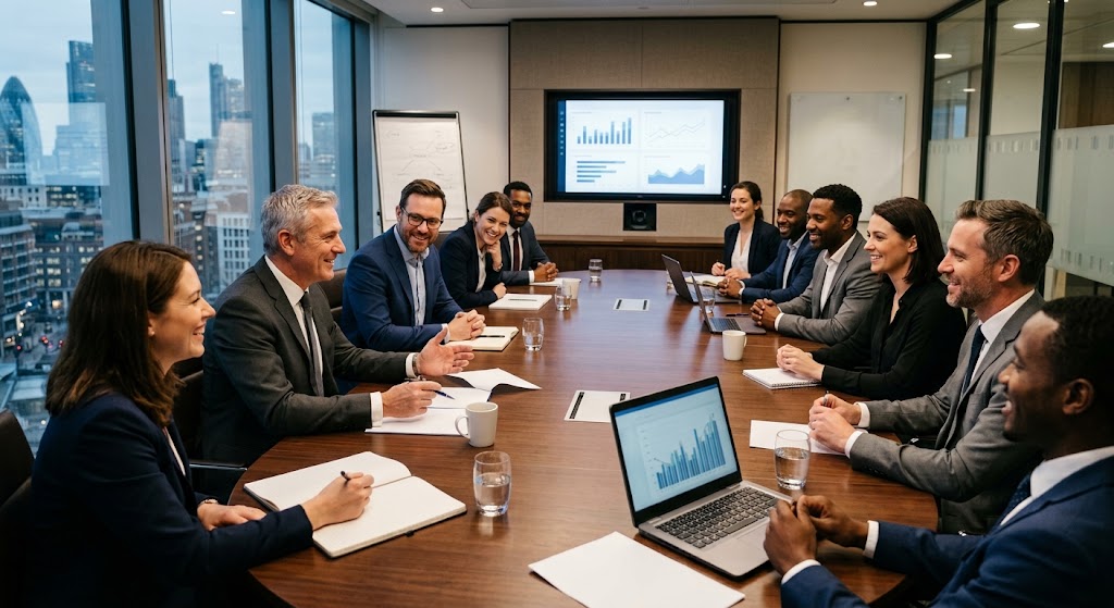 Executives around a conference table reviewing analytics dashboards on a wall screen and laptops during a strategy meeting