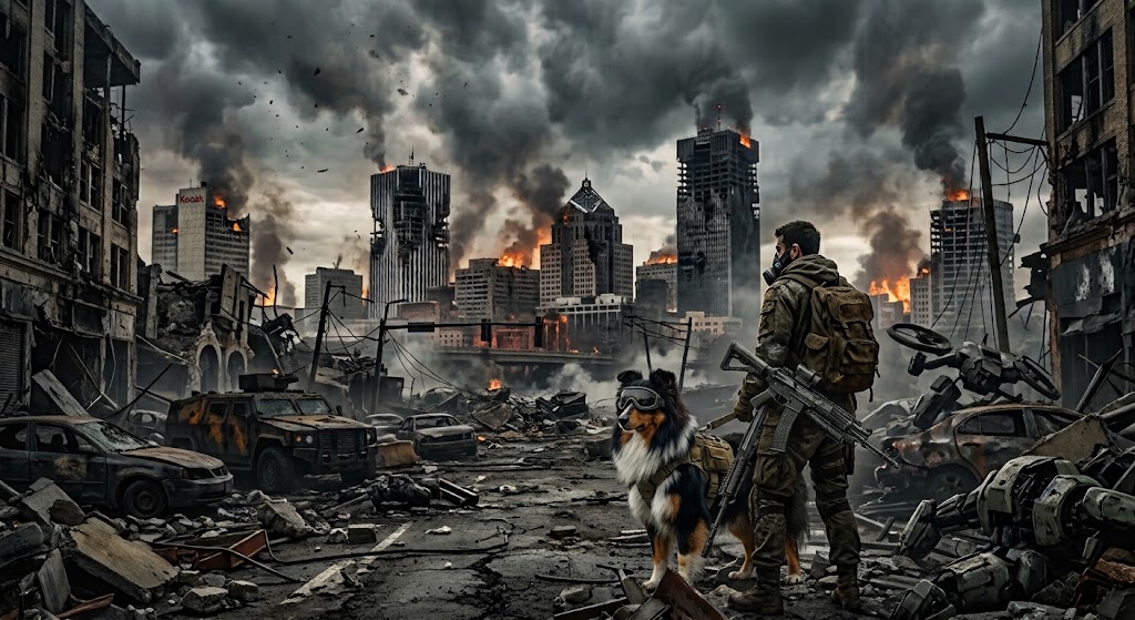 Soldier and a dog standing in a war-torn, apocalyptic city street with burning skyscrapers and wreckage in the background