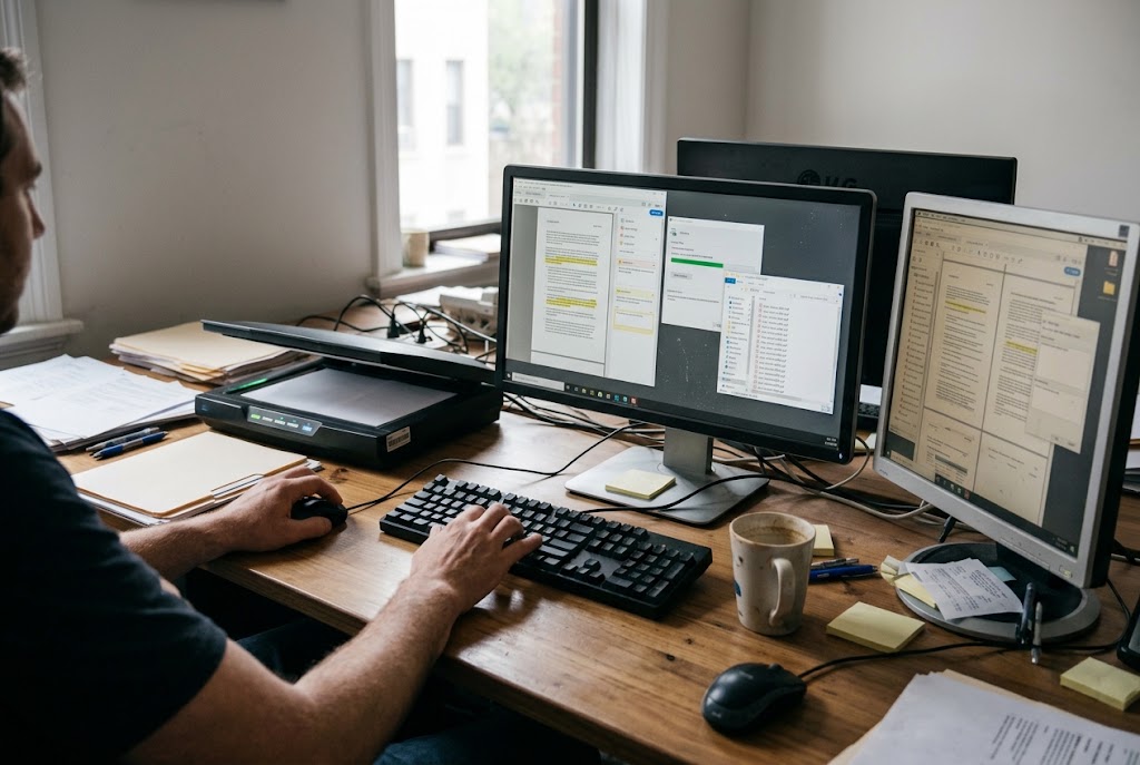 Estimator scanning paper subcontracts at a desk with three monitors showing contract documents