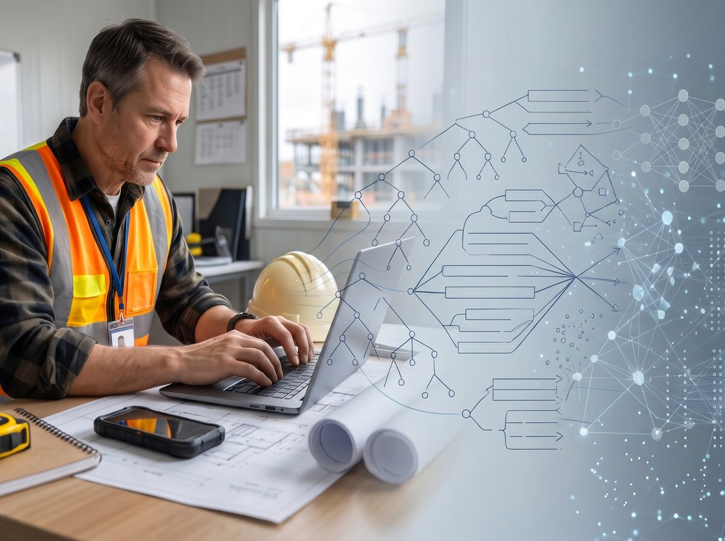 Project manager typing on a laptop at a site office desk, with a workflow diagram and data network overlaid beside him