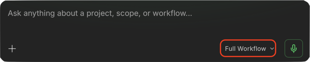 Emerald chat input with the Full Workflow mode selected