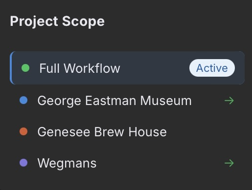 Emerald Project Scope panel with Full Workflow active and individual projects listed below