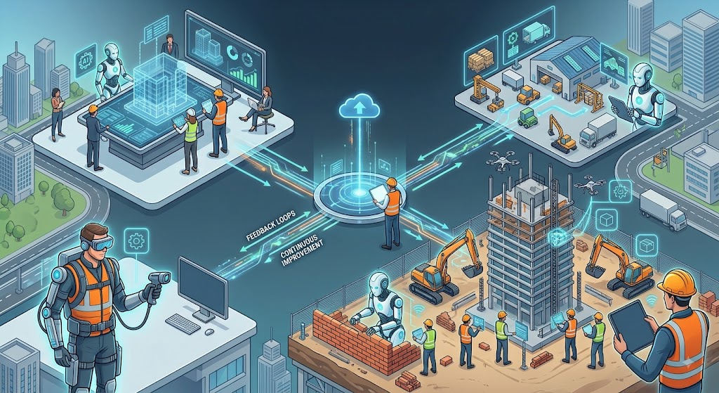Isometric illustration of AI agents working alongside construction teams across design, logistics, and jobsite workflows