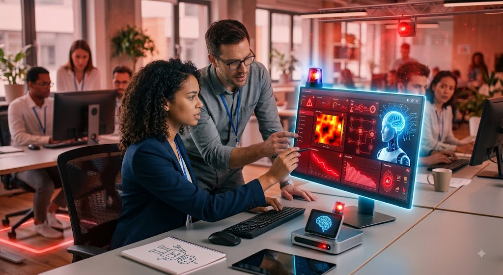 Two construction professionals reviewing an AI analysis dashboard together on a monitor in an open office