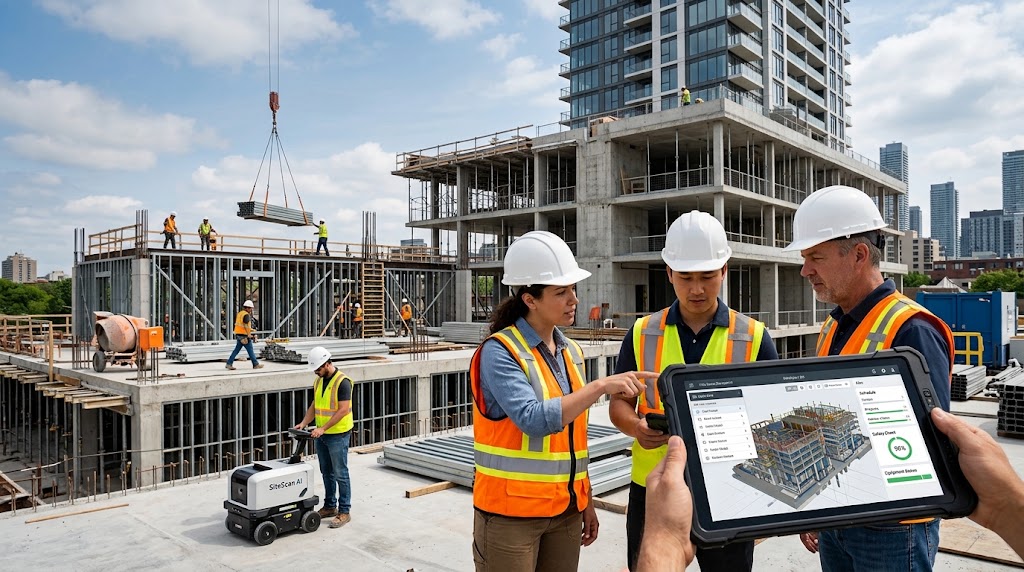 MEP project team reviewing a BIM coordination model on a rugged tablet at a high-rise construction site