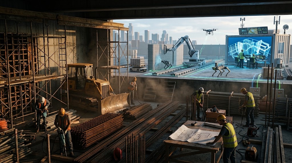 Construction crews working beside an automated fabrication area with robotic equipment and a BIM coordination display