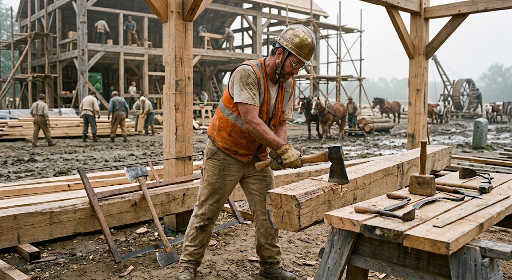 Timber framer hewing a beam by hand on a traditional construction site while crews raise a wooden frame behind him